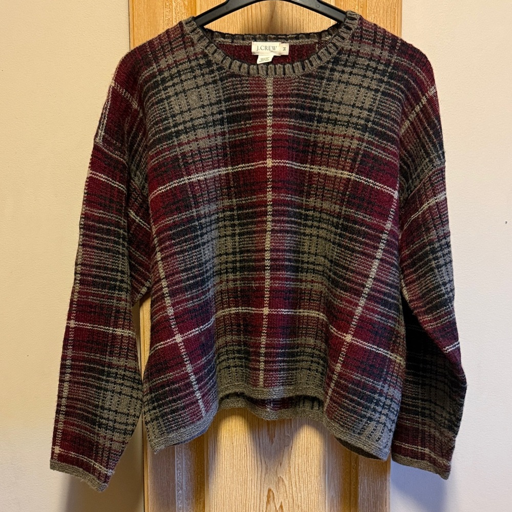 Women’s wool Crew Plaid Knit in maroon and Black crewneck sweater